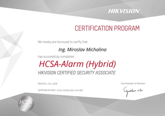 Certifikát Hikvision HCSA – Alarm (Hybrid) pre Ing. Miroslava Michalinu
